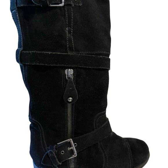 MOJO MOXY black suede buckle zip moto boots Y2K high low knee stud women's 9 - Picture 8 of 13